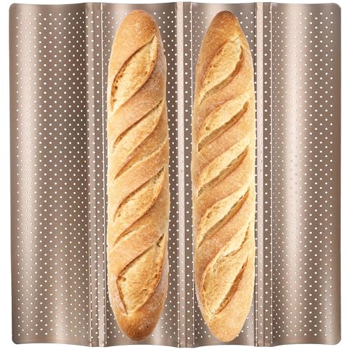 MouCoc Baguette Baking Tray French Bread Pan for 4 Loaves - Easy-to-Clean Wave Mold (Gold)