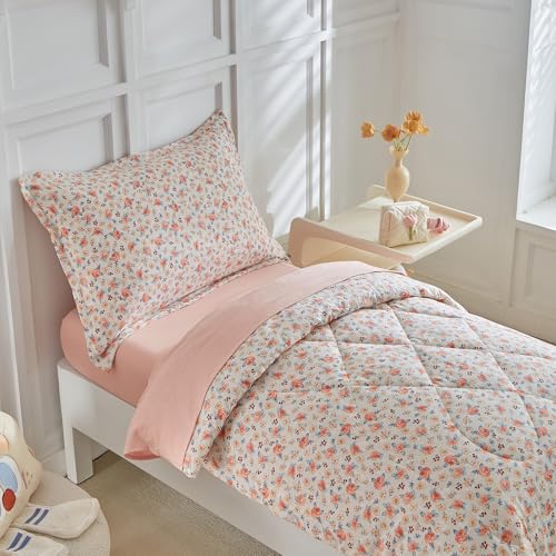 Image of DuShow Toddler Bedding Set for Girls,4 Pieces Floral Toddler Girl Comforter Set,Super Soft Reversible Toddler Sheet Set,Lightweight Crib Bed Set -Pink