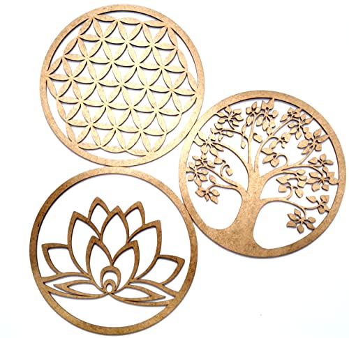 VEJO Decoración Pared/Pack de 3 Cuadros Árbol de la Vida,Flor de la Vida,Flor de Loto/Cuadro Tallado Madera Decorativo Madera Regalos