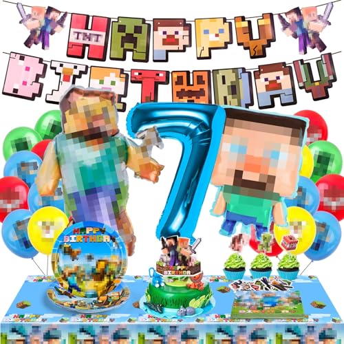 WuGU Decoração de aniversário 7 anos, conjunto de 65 peças com balões, banner, toalha de mesa, pratos, guardanapos para festa