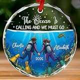 Personalized Scuba Diving Couple Glass Christmas Ornament 2026, The Ocean is Calling and We Must Go Ornament, Custom Scuba Diver Keepsake Gifts for Him & Her, Scuba Couple Xmas Tree Ornaments