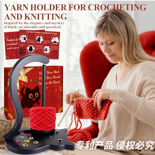 Image of Black Cat Yarn Holder for Crocheting, Wooden Crochet Yarn Holder Magnetic Yarn Spinner with Accessories Storage Anti-Slip Pads,Yarn Ball Holder Crochet Gift for Knitting Lovers with Gift Box Packaging