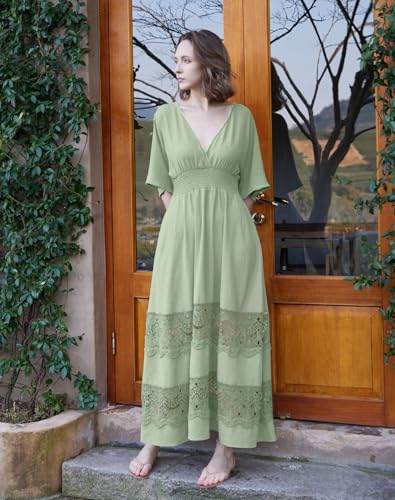 Image of Olaesa Boho Maxi Dress V Neck Short Sleeve Lace Smocked Waist Flowy Dress | Wedding Guest Dress with Pockets, Summer Bohemian Vacation Dress, Elegant Party Dress for Family photo& Baby Shower