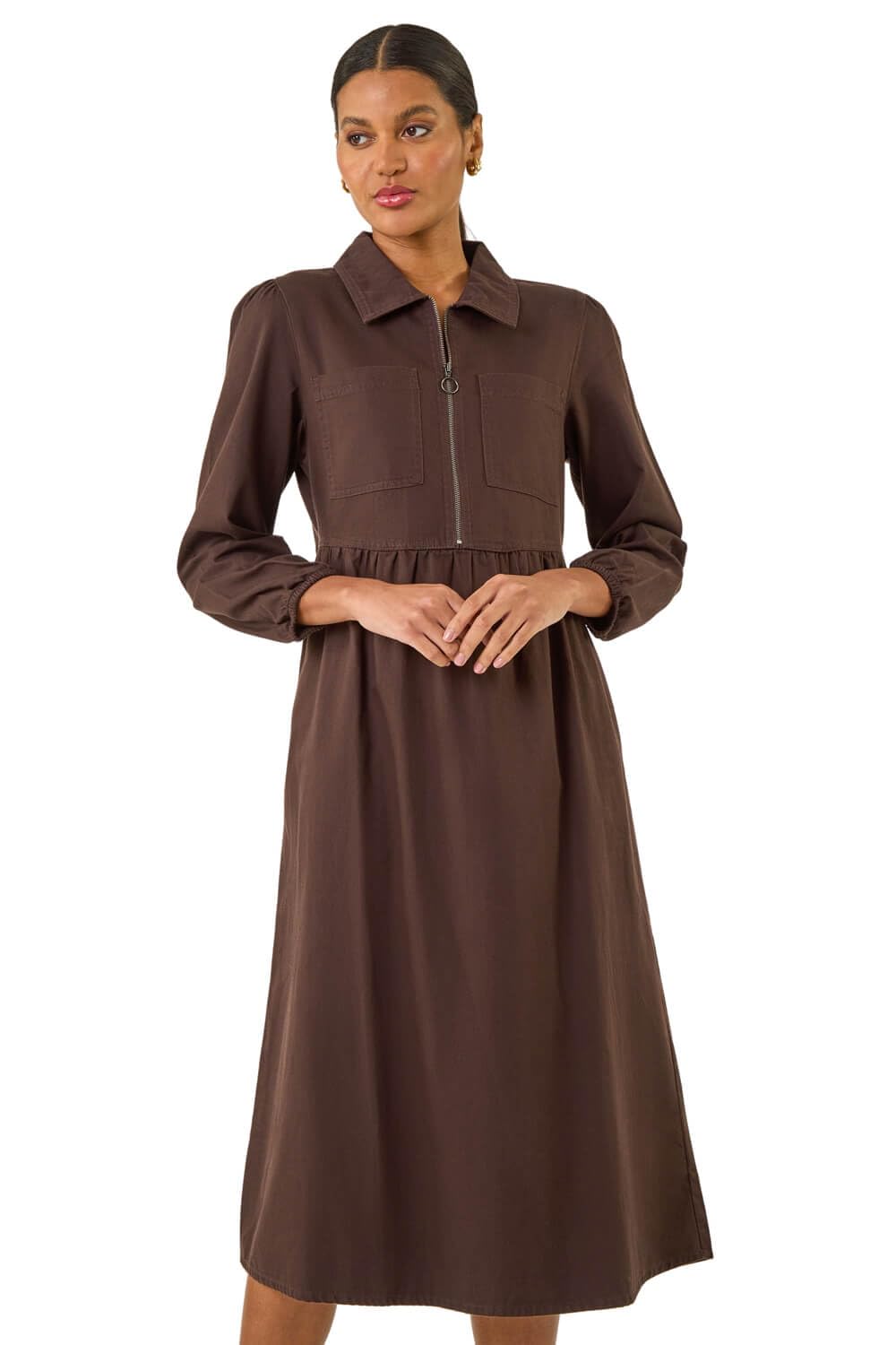 Roman Originals Zip Front Collared Midi Dress for Women UK - Ladies Everyday Autumn Winter V-Neckline Comfy Soft Evening Vacation Work Party Night Out - Chocolate - Size 14