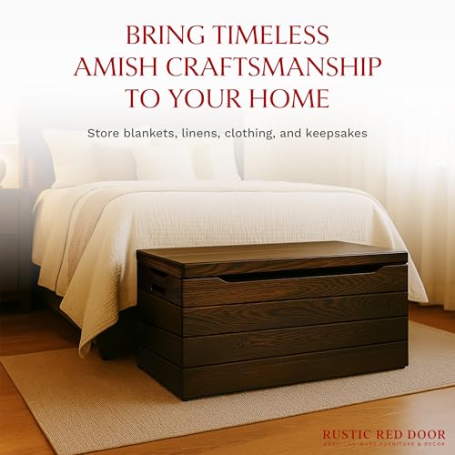 Image of Amish Made Wooden Storage Chest Trunk Box with Lid and Handles for Bedroom, Blanket, Clothes, Anti-Slam Hinges, Handmade, Rustic, Oak Wood, Asbury Stain, 42 inch