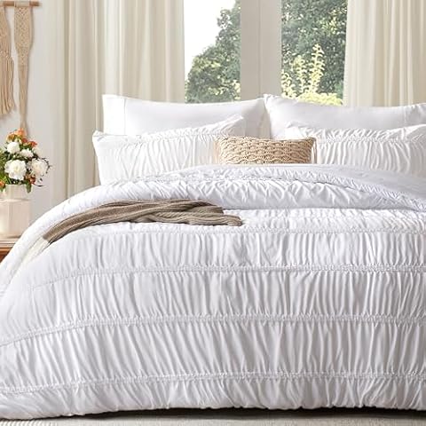 UNILIBRA King Size Comforter Sets 7 Piece, Boho White Bed in a Bag Set, Lightweight Ruched Bedding Sets All Seasons with Comforter, Flat Sheet, Fitted Sheet, Pillow Shams, Pillowcases Cover