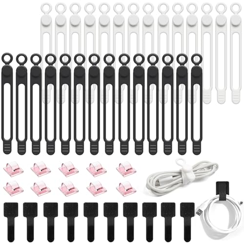 48Pcs Cord Organizer Kit, Reusable Silicone Cable Ties, Strong Adhesive Cable Clips for Cable Management, Multipurpose Wire Management for Bundling and Fastening Various Wires (Black, White)