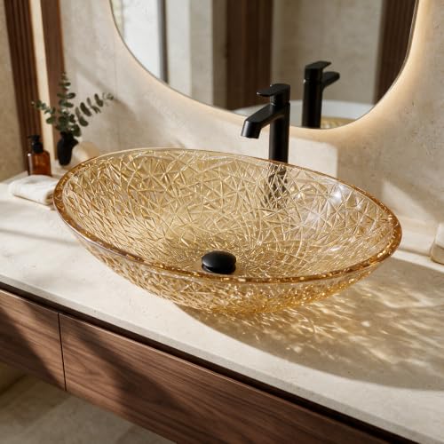 Image of B Backline Glass Basin For Bathroom | 100% Pure Glass Basin | Premium Tabletop Countertop Wash Basin For Bathroom | 7-Year Warranty (Gold) (20 x 14 x 6 Inch)