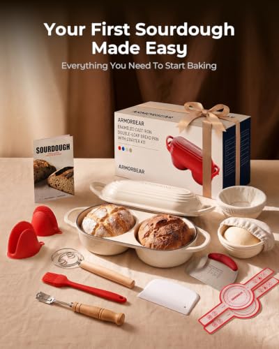 Image of Sourdough Bread Baking Kit with Double Loaf Cast Iron Bread Pan, White | Bakes two mini loaves at once with banneton proofing baskets included