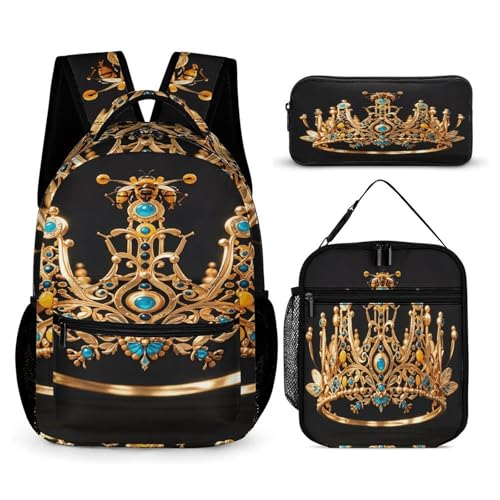 3Pcs Backpack Sets Gold Queen Bee Crown Print Travel Daypack 3 in 1 Lightweight Backpack Set with Lunch Bag And Cosmetic Bag
