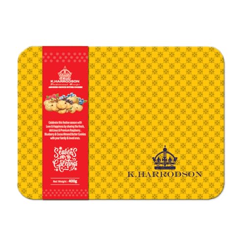 Image of K.Harrodson Assorted Crunch Butter Cookies • Cocoa Chips & Almond • Blueberry & Almond • Raspberry & Almond • Gold Tin Gift Box, 14.11 oz ℮ 400 g