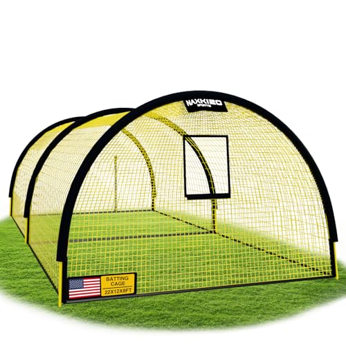 NaxKizo 22ft x 12ft x 8ft Baseball Batting Cage Net with Pitching Machine Hole, Portable Batting Cages for Backyard, 4ply Yellow Netting, Zippered Backing Door