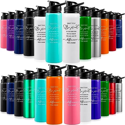 Bokon 24 Pack Thank You Inspirational Gifts Reusable Aluminum Water Bottle Bulk Lightweight Leakproof Metal Sports with Lid for Christmas Gym Camping Hiking Back to School Gift(Colorful,25 oz)