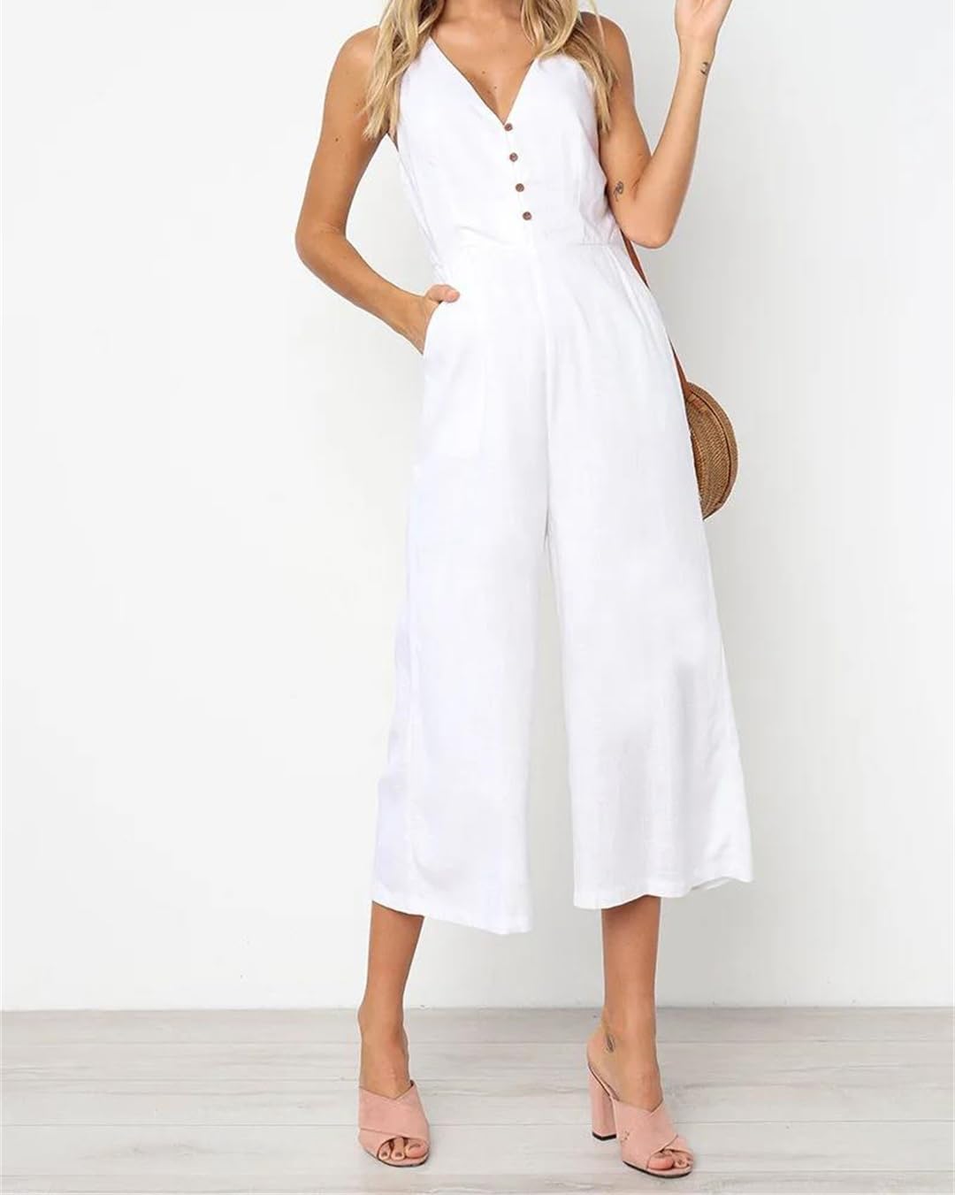 Yeuyyben Overol de verano para mujer, cuello en V, botones frontales, pierna ancha, casual, espalda descubierta, elegante, traje de verano