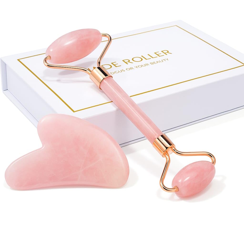 Jade Roller & Gua Sha, Face Roller, Facial Beauty Roller Skin Care Tools, BAIMEI Rose Quartz Massager for Face, Eyes, Neck, Body Muscle Relaxing and Relieve Fine Lines and Wrinkles