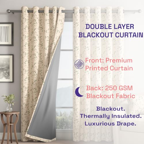 Image of Wakefit Printed Blackout Window Curtains 5 Feet | Set of 2 | Upto 99% Room Darkening | Double Layered Fabric | Thermal Insulated & Noise Reducing Curtains for Living Room| Leafline Beige