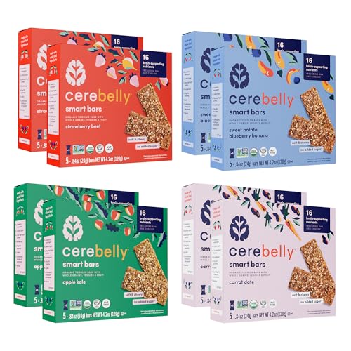 Cerebelly Organic Toddler Smart Bars Variety Pack 40-Count 16 Brain-Supporting Nutrients No Added Sugar Gluten Free Nut Free Kids Snacks