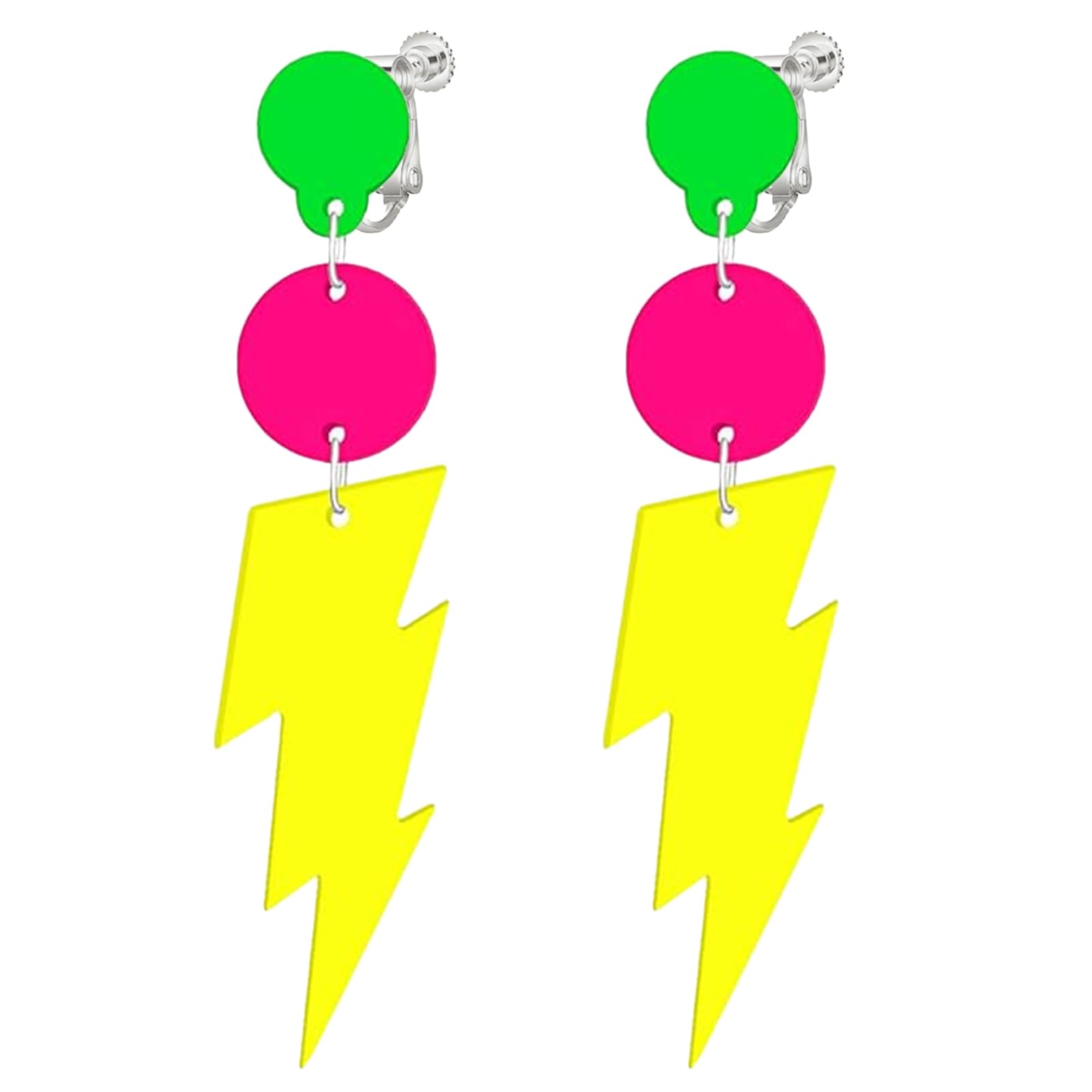 70s 80s Neon Clip On Earrings for Women, Non-Piercing, Colorful Lightning Acrylic Retro Geometric Thunder Flash Drop Earrings for 80s Outfit Glow