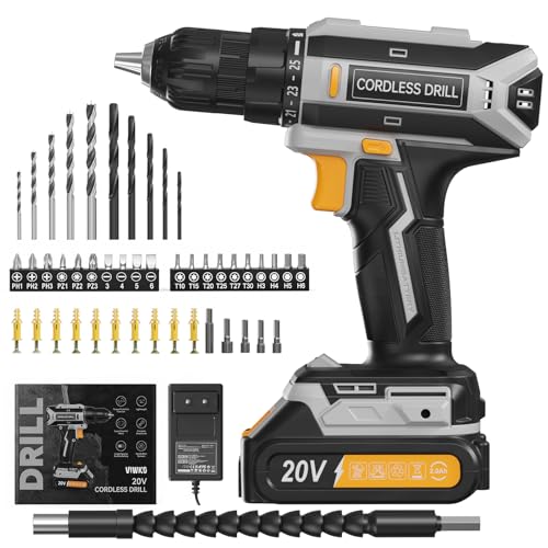 VIWKO Perceuse Visseuse Sans Fil, 20V Visseuse Devisseuse Sans Fil, 25+1 Réglages de Couple, Perceuse-visseuse Max 42Nm Visseuse, LED, jeu de 56 Accessoires pour l'Entretien et le Bricolage, Gris