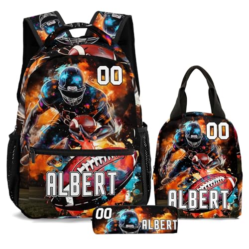 Back to School Personalized Backpacks for Boys Backpack and Lunch Box Set Gifts for Son Football Customized Kids Backpack Custom Backpacks Shoulders with Name Casual Daypack School Bags