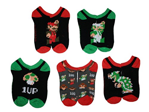 Nintendo Super Mario Adult No Show Ankle Socks 5 Pack (Sock Size: 9-11)
