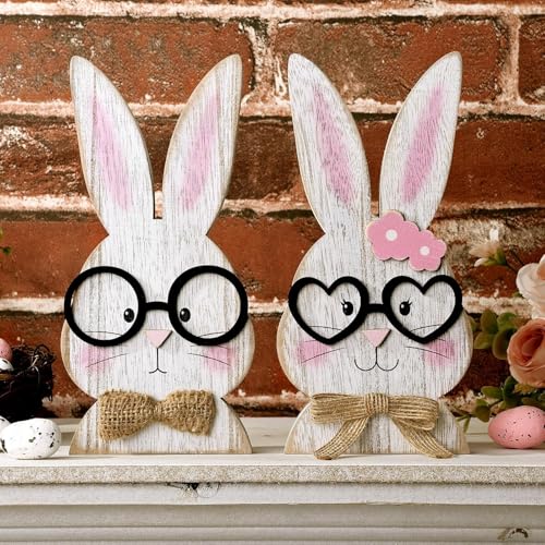 2 Pcs Easter Decorations: Rustic Antique Wooden Bunny Couple Happy Easter Table Centerpiece Signs, Farmhouse White Cute Rabbit with Glasses Wood Decor for Home Office Mantel Gifts by ALUNME - Image 8