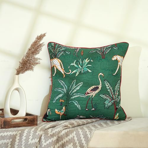 Image of Forest Theme Quilted Cushion Covers 16 inch x 16 inch Set of 5 Printed Square Cotton Throw Pillow Covers 40x40 cm Pack of 5 for Home Sofa Decoration