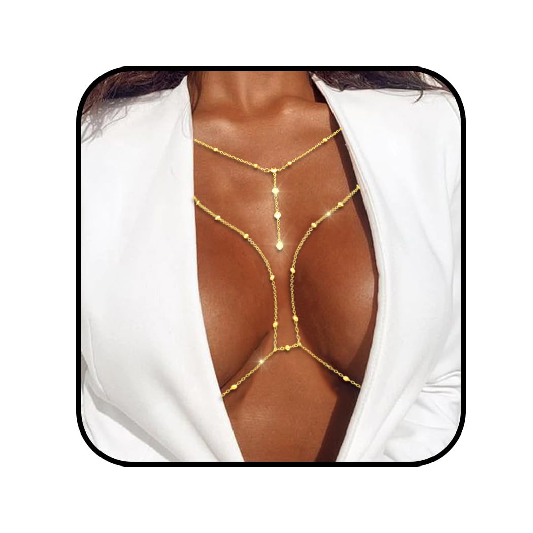 Chicque Sexy Body Chain Rhinestone Chain Bra Bikini Belly Waist Chain Beads Body Jewelry Party Body Accessory for Women (Glod)