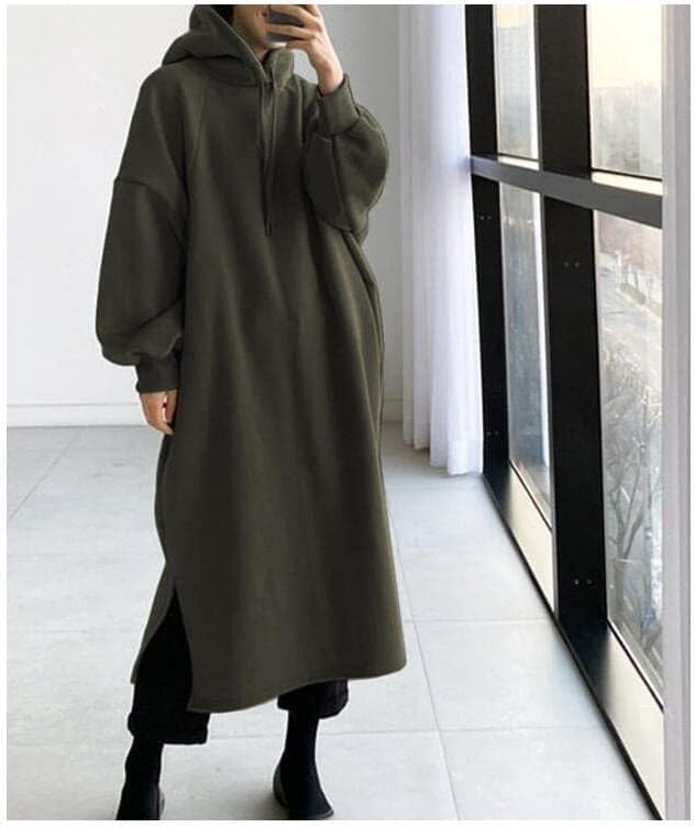 Long Sleeve Hooded Sweatshirt Maxi Dress for Women Fleece Side Split Hem Baggy Pullover Hoodies Dresses with Pockets - Image 2