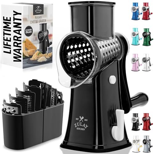 Zulay Kitchen Rotary Cheese Grater 5 Blade Cheese Shredder - Manual Hand Crank Cheese Grater With...