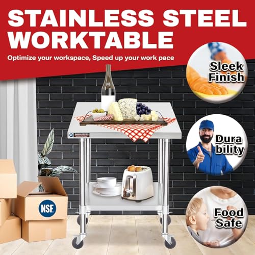 Image of DuraSteel 30x30 NSF Stainless Steel Cart Work Table - Heavy Duty Rolling Food Prep Table Countertop Island - Metal Utility Cart on Wheels Caster, Grill Stand Storage Outdoor Kitchen Tables Bar Top
