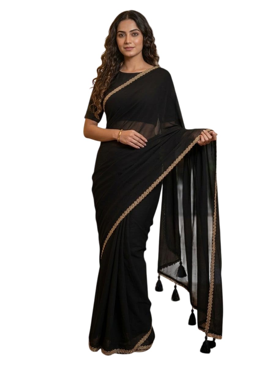 Women Georgette Saree with Lace Border & Tassels | Lightweight Stylish Saree for Women | Elegant Black & Red Designer Saree with Blouse Piece (2 Extra Tassels Free)-image-40