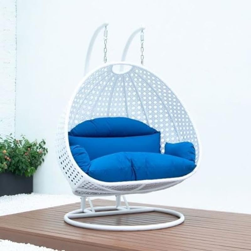 QUALITY TRADERS STORE 2 Seater Swing Chair with Brown Stand & Silver Cushion & Hook Outdoor & Indoor Balcony Garden Patio(swing-white & cushion-blue)