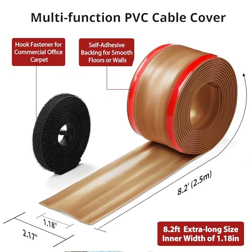 Image of ZhiYo 8.2ft Cord Cover for Wires on Floors or Walls, 2.2in Wide, Brown | Soft PVC cord hider with hook fastener for carpets. Easy to cut and install for extension cords, Ethernet & speaker cables