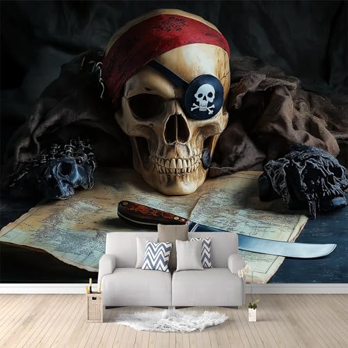 Papel Pintado Efecto 3D Calavera Sobre Mesa Gótica Salón Dormitorio Negro Fotomurales Pared Tejido No Tejido Decorativos Murales Fotográfico Decoración de Paredes 250 x 175 cm mural