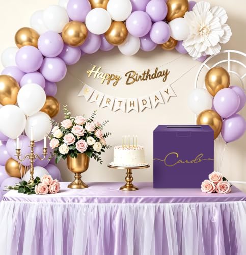 Image of HEIPINIUYE Purple Wedding Card Box with Gold Foil 9.8 inch x 9.8 inch Purple Large Gift Card Box for Party Wedding Reception Graduation Birthday Baby Shower Cardboard Raffle Envelope Box with Slot
