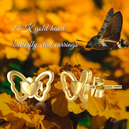 14K Solid Yellow Gold Butterfly Heart Earrings, Real Gold Push Back Stud Earring Love Jewelry For Women, Girls, #TOP5