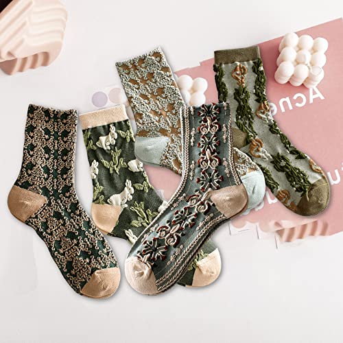 Image of 5 Pack Cute Womens Floral Socks, Vintage Embroidered Frilly Floral Ankle Cotton Cottagecore Socks