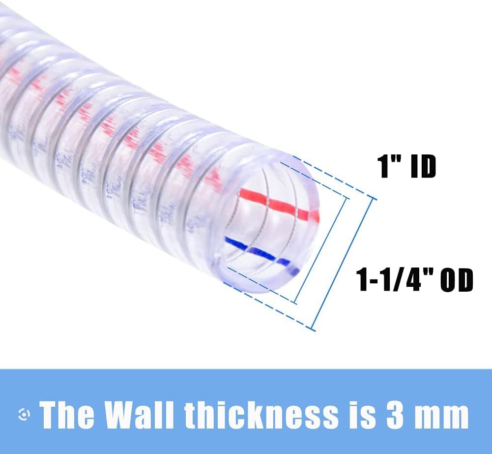 QuQuyi 1" ID x 1-1/4" OD Heavy-Duty PVC Suction Hose, 1.3FT Flexible Reinforced Tubing with Embedded Steel Wire, Thick Wall Vinyl Tube for Water Pump Oil Transfer Industrial Use