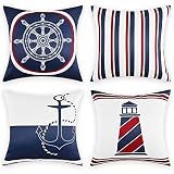 Fascidorm Nautical Pillow Covers 18x18 Inch, Set of 4 Summer Throw Pillow Covers, Navy Blue Anchor P