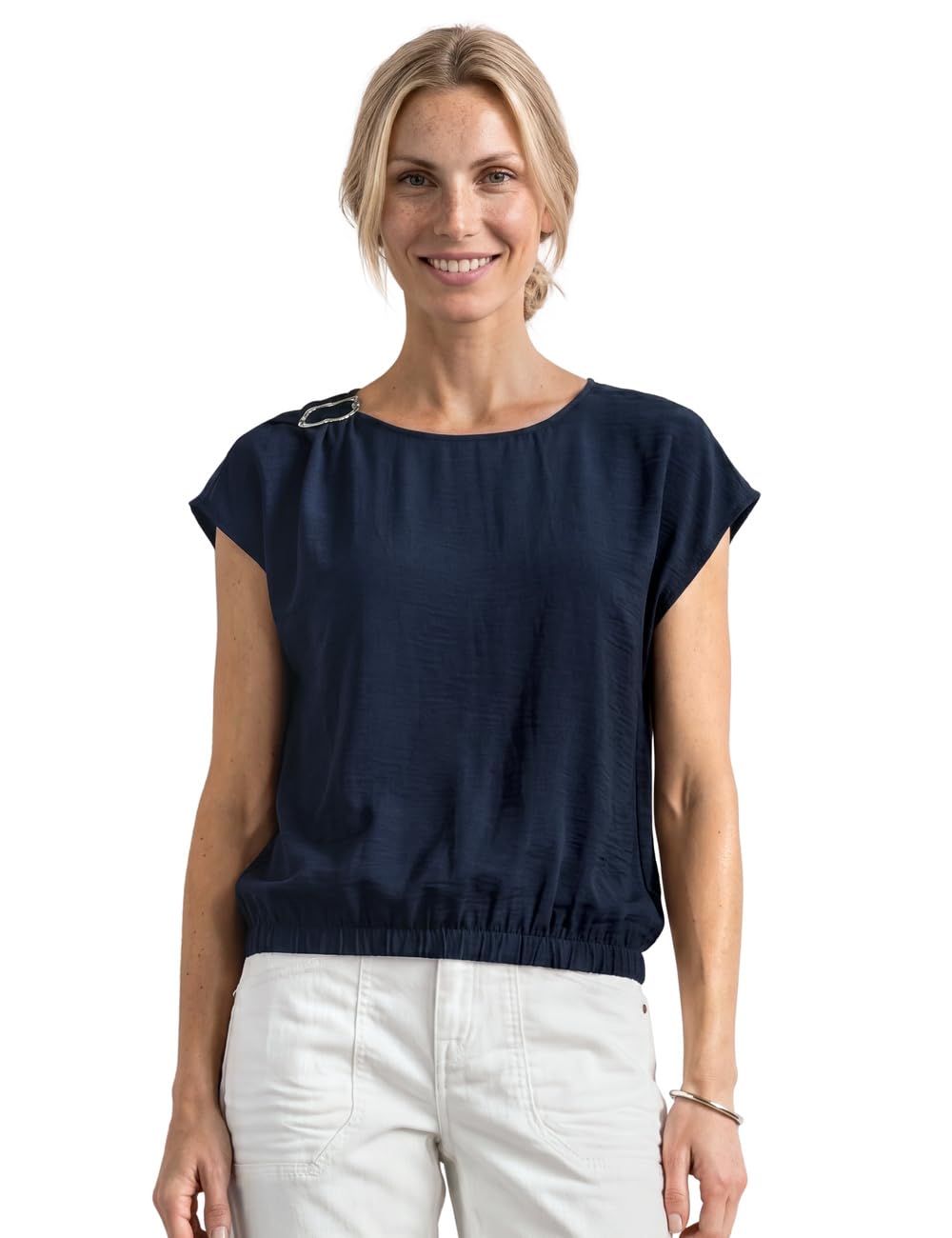Street One Blouse Shirt with Round Neck and Buckle Detail Darkest Blue 46