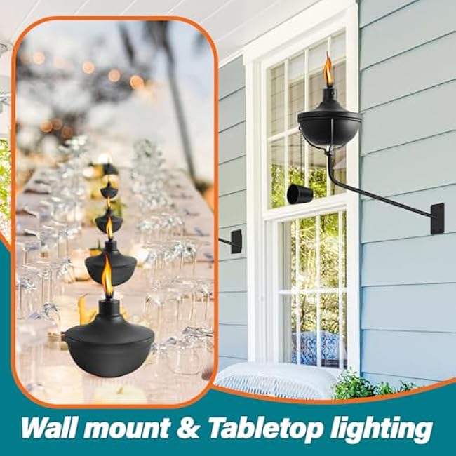 Wall Mounted Citronella Torches Set of 6, 24 oz Garden Torches for Outside, Refillable Flame Light Torch, Outdoor Metal Torch for Yard, Patio, Deck, Garden, Party, Landscape