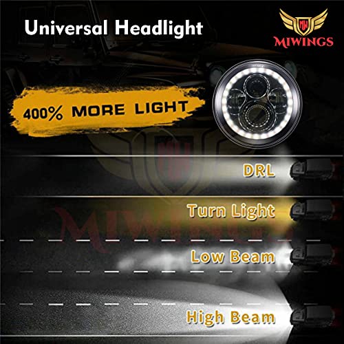 Image of Miwings 6 LED Projector Headlight with Dual Color DRL Full Ring For Mahindra Thar /Jeep /Royal Enfield Bike Models, 7 Inch, White and Amber