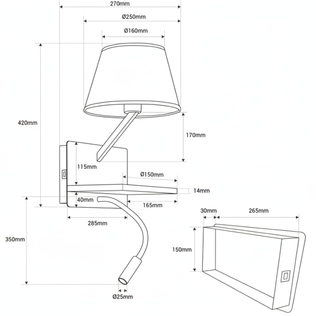 BARCELONA LED Applique murale de lecture “Artin USB+USBC” avec abat-jour E27, spot LED orientable 3W, étagère en bois et design moderne pour chambre, tête de lit et hôtels, Noir