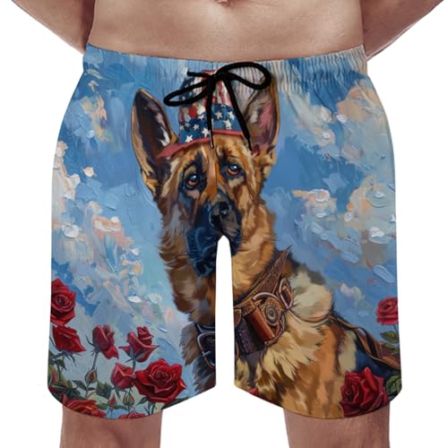 German Shepherd Roses Men's Swim Trunks Patriotic Dog American Flag Hat Summer Sport Shorts Bathing Suits with Pockets4