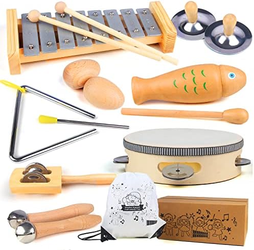 Chriffer Kids Musical Instruments Toys, Percussion Instruments Set with Xylophone, Preschool Educational Music Toys for Boys Girls, Natural Eco-Friendly Wooden Music Set (8)