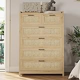 VIAGDO 6 Drawer Dresser for Bedroom, Rattan Chest of Drawers with LED Lights, Wood Storage Dresser Chest with Metal Handle, Modern Storage Cabinets for Closet, Bedroom, Living Room, Hallway