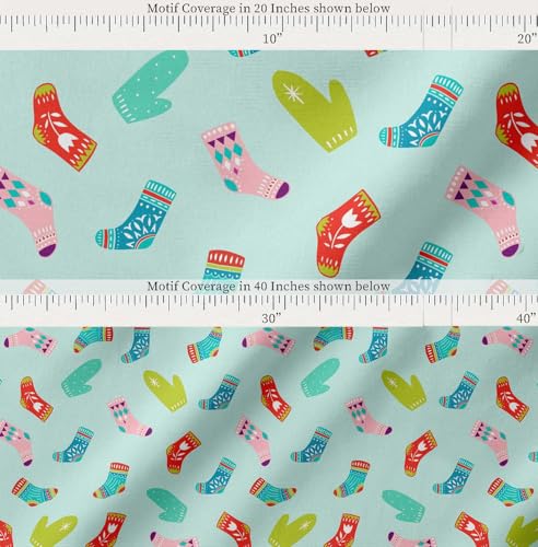 Image of Soimoi Green Cotton Cambric Fabric Socks & Gloves Folk Art Printed Craft Fabric by the Meter 56 Inch Wide