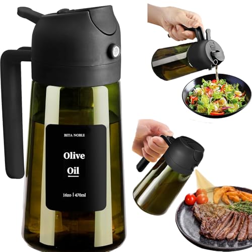 BETA NOBLE Ölsprüher zum Kochen,2 in 1 Öl Sprühflasche, 470ml Glas-ölspray für airfryer zum Kochen mit Aufklebern, lebensmittelechte Premium-Sprühflasche für Salate, Braten, Grillen (Schwarz)