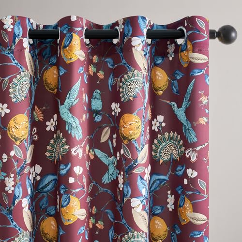 Image of Rust Vintage Floral Curtains 84 Inch Long Luxury Whimsical Euro Flower Lemon Hummingbird Patterned Waverly Mid Century Colorful Blackout Drapes for Living Room Bedroom